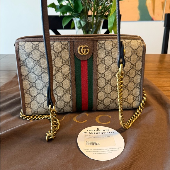 Gucci Handbags - Gucci Beige and Brown GG Canvas Bag with Gold Chain